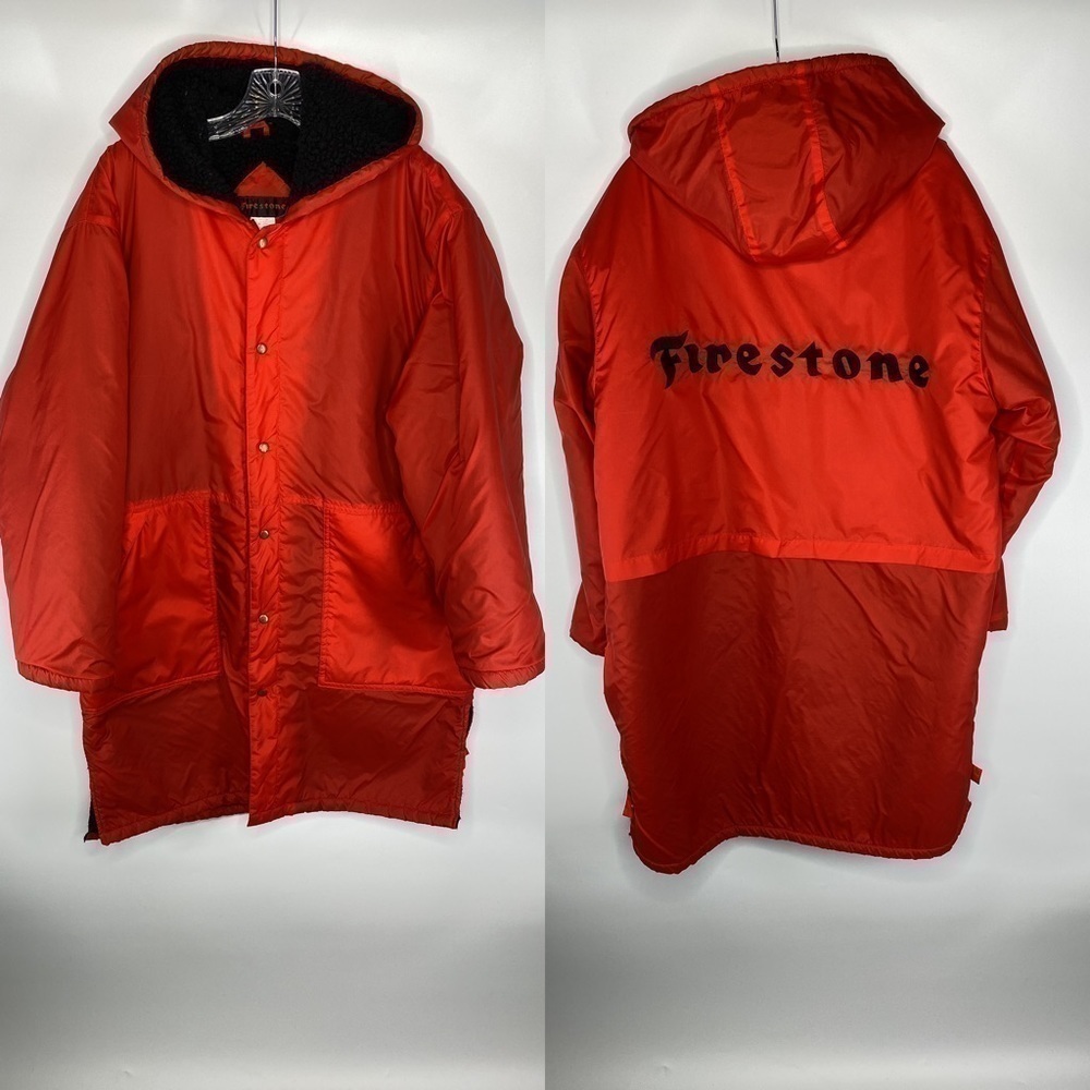 Vintage Firestone Hooded Long Red Fleece Lined Windbreaker Jacket Size Large
